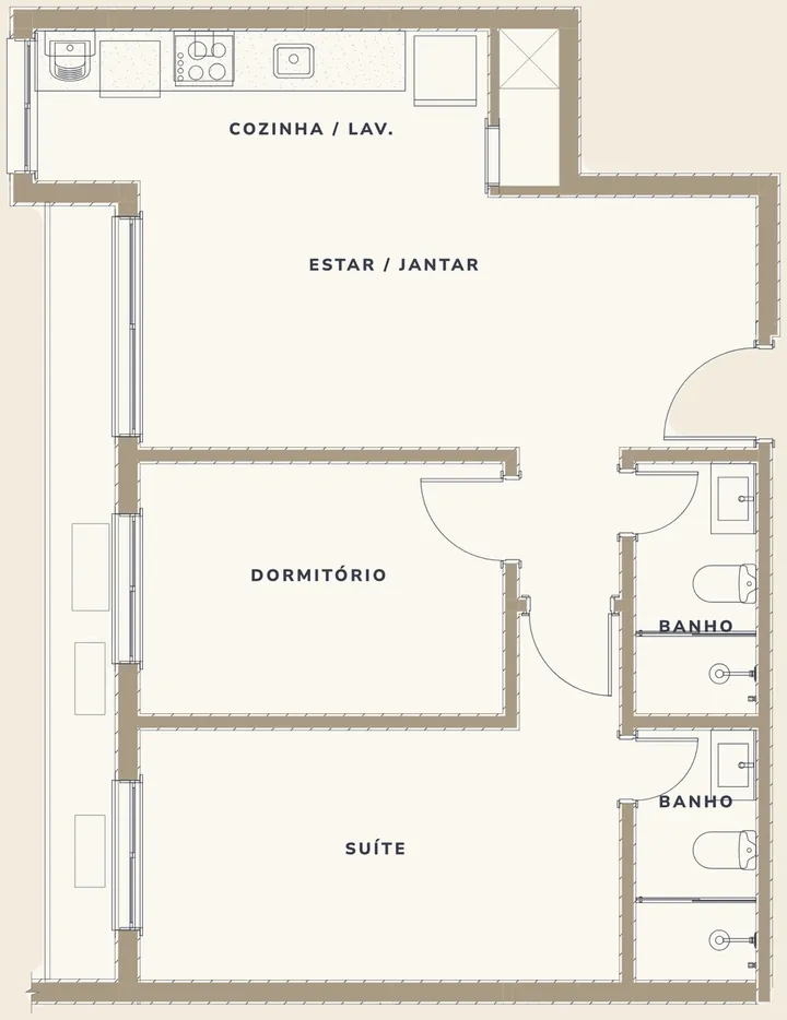 Planta do apartamento de 2 dormitórios com 62 m² privativos