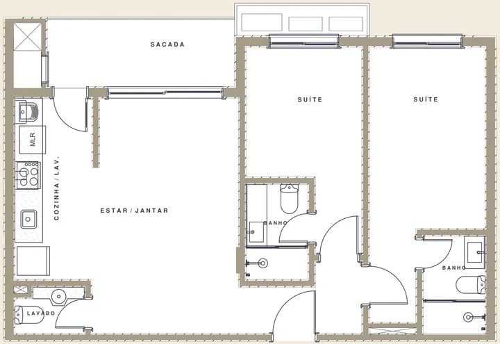 Planta do apartamento de 2 suítes com 70 m² privativos e sacada