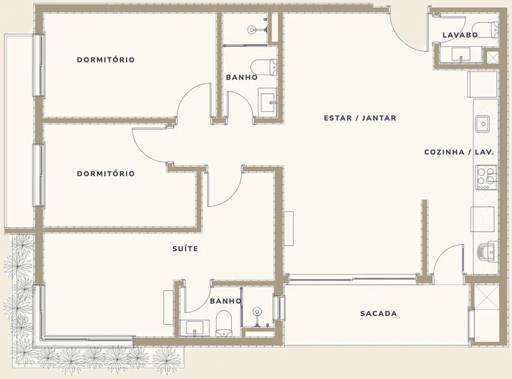 Planta do apartamento de 3 dormitórios com 92 m² privativos, suíte e sacada