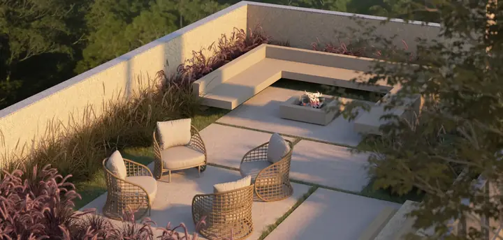 Render do estar externo do rooftop, com poltronas em torno de um fire pit e bancos de alvenaria