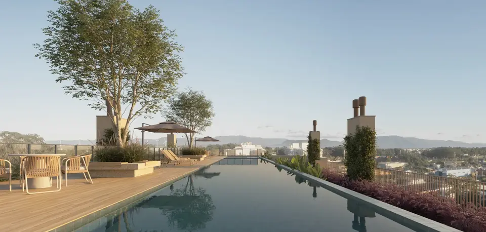 Render do rooftop do Serena, com piscina alongada, deck, espreguiçadeiras e vista aberta